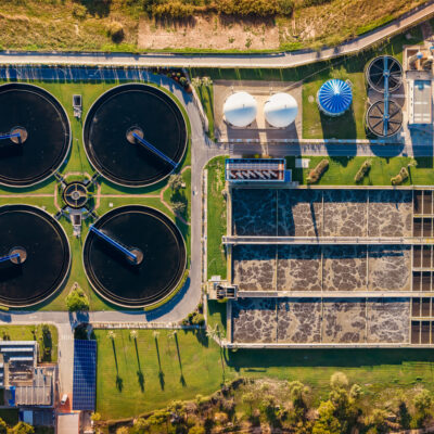 Elevated view of a water purification plant viewed from above. Above view Sewage Treatment Plant for Environment Conservation. Murcia, Spain